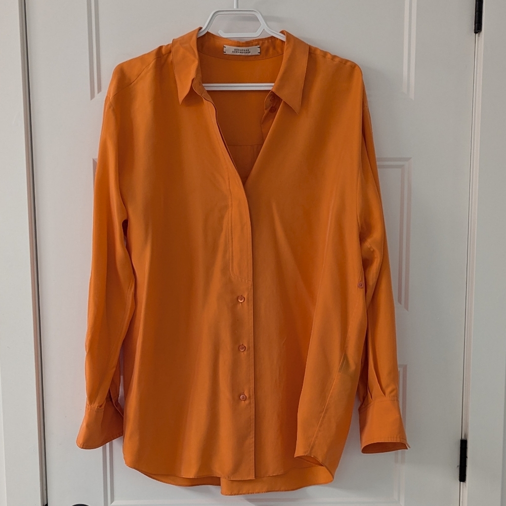 Dorothee Schumacher 100% Silk Blouse Orange Button Down Luxury Designer Size 4 - Picture 1 of 11